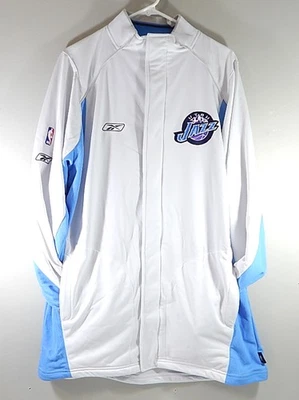 Utah Jazz NBA Reebok Team Issued Warm Up Jacket White Blue Large Tall Stained - Image 1 of 4