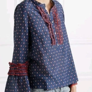 J.Crew • Embroidered Bell Sleeve Navy Blue Boho Cotton Silk Blouse Top Size 12 - Picture 1 of 6