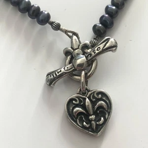 Joseph Balli Sterlingsilber Süßwasserperlen Halskette Fleur de Lis Herz Knebel - Bild 1 von 8