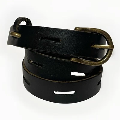 Black Leather Belt Women’s Size 38”/ Large Gold Tone Buckle - Image 1 of 4