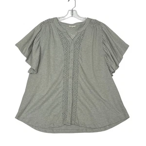 Easel Flutter Sleeve Button Up Lace Top Gray Womens Large - Picture 1 of 12