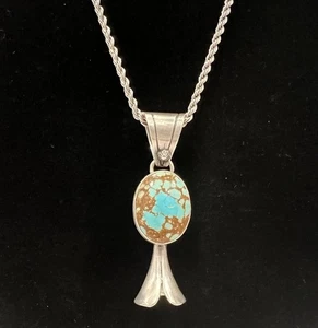 Native American Sterling Silver Turquoise Squash Blossom Necklace E Richards 21g - Picture 1 of 10