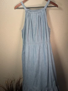 St. John's Bay Denim Sun Dress LARGE Tiered Maxi Embroidered Bottom Elastic Wst - Picture 1 of 8