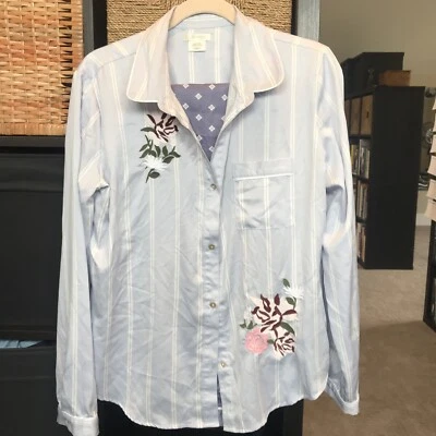 Shimera Med Blue Floral Embroidery 2 Pc Pajama Set Satin long Sleeve - Image 1 of 4