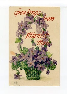 Saluti dall'Atlantico, cartolina Quincy MA 1908, cesto di viole - Foto 1 di 3
