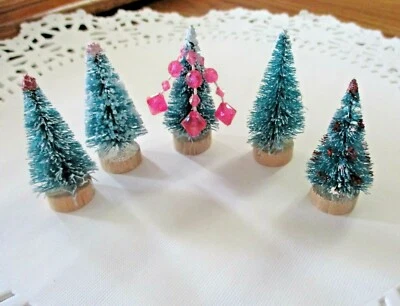5 Mini Green Sisal Flocked Bottlebrush Trees 1-1/2" to 2", Plain & Decorated, A - Image 1 of 4