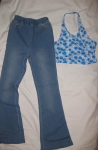 Shein girls 10yrs floral ribbed crop top & flare leg jeans set blue nip tween - Picture 1 of 2