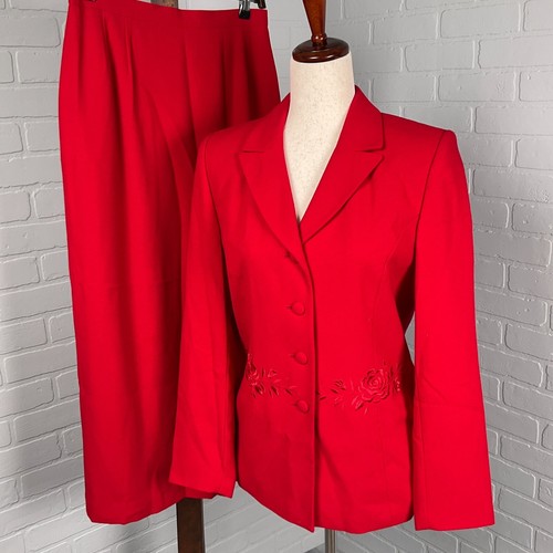 VALENTINO Dressbarn Abito Donna 8 Ricamo Rosso Floreale Rosa Crepe Femminile Formale VINTAGE 2pz