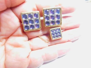 Signed Anson Purple Glow Plastic Bubble Square Cufflinks Tie Tac Set Vintage - Picture 1 of 6