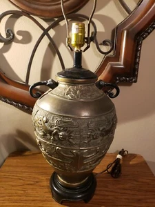 Brass Asian Style Table Lamp Foo Dog Motif Chinoiserie Lamp - Picture 1 of 9