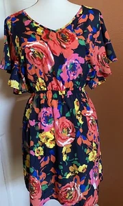 DINA BE KLEID RUNDHALS SCHMETTERLINGSÄRMEL ORANGE SCHWARZ GEBLÜMT GR. S - Bild 1 von 8