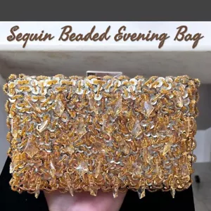 Gold Bead & Sequin Clutch/Shoulder/Crossbody Evening Bag w/Two Chain Straps NWT - Picture 1 of 17