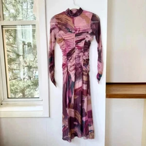 New Anthropologie Long Sleeve Printed Mesh Mock Neck Midi Dress Sz XS - Picture 1 of 16