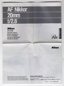 Nikon AF Nikkor 20mm f/2.8 Camera Lens Instruction Manual / User Guide - Picture 1 of 3