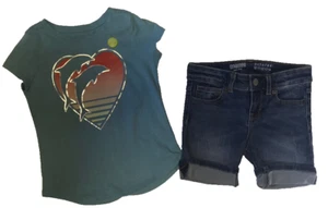 Gymboree & Crazy 8 Size 4 T-Shirt Denim Shorts Green Dolphins  - Picture 1 of 9