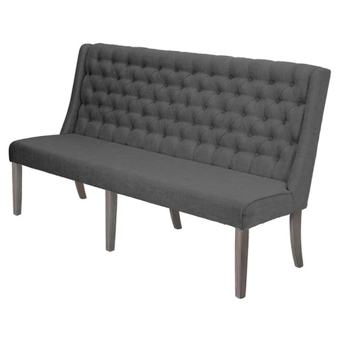 Rustic Gray Wood Dining Bench with Tufted Seats and Gray Linen Cover