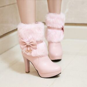 Womens Furry Trim Casual Shoes Ladies Ankle Boots Block High Heels Warm Boots