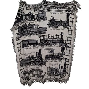 VTG Evolution of Steam Locomotive Trains Tapestry Fringed Throw Blanket 56 x 45 - Picture 1 of 4
