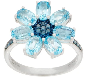 QVC Sterling Silver Blue Topaz & Diamond Floral Cocktail Ring, Size 7 - Picture 1 of 4