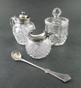 3 ABP Cut Glass MUSTARD POTS + antique JEWELL spoon - Simpson, Hall, Miller & Co - Picture 1 of 16