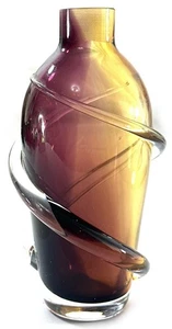 Yellow & Purple Hand Blown Art Glass Vase Ribbon Swirl Wrap 5” - Picture 1 of 5