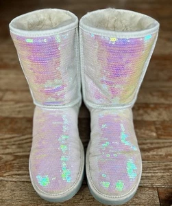 UGG Sparkle White I Do Iridescent Sequin Boots Size 9 - Picture 1 of 7