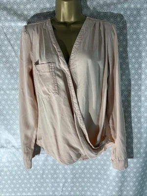 Womens Next Uk 12 Peach Long Roll Tab Sleeve Thin Denim Faux Wrap Blouse Shirt - Image 1 of 4