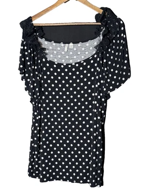 Cato Top 22 24 W Black White Dots Jersey Knit Elastic Stretch Short Sleeve Lace - Image 1 of 4