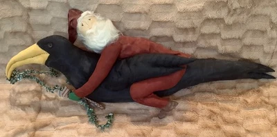 Primitive Santa Riding a Crow Handmade Fabric Folk Art Christmas 35”x18” - Image 1 of 4