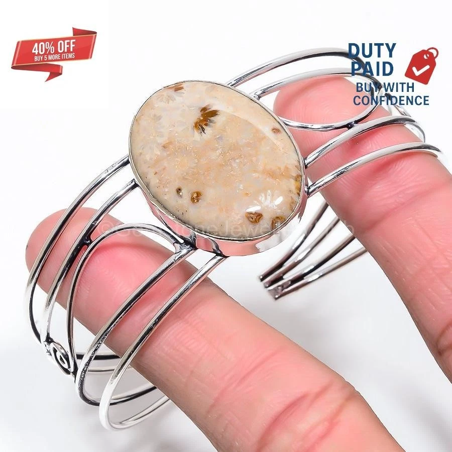 Oferta de Navidad Pulsera Brazalete Art Deco Coral Fósil Genuino Plata de Ley 925 Foto 1 de 4