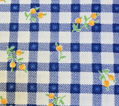 Vtg 2 yds Blue Gingham Check Fabric Yellow Cherries Retro Cherry Cotton Fabric - Image 1 of 4