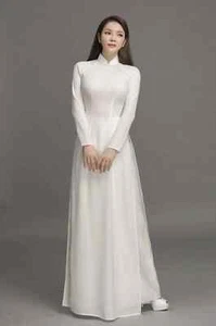 White Ao Dai Vietnamese Chiffon Double Layer Dress with Pants G87 - Picture 1 of 11
