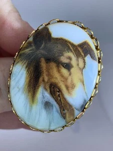 Medallion Dog Scotch Collie/Shelty LASSIE Vintage Porcelain Gold Brooch M-4164 - Picture 1 of 3
