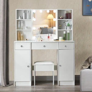 Vanity Dressing Table Makeup Desk With LED Mirror & 3 Drawers & Crystal Handle - Picture 1 of 9