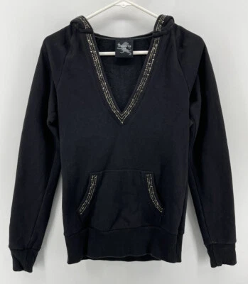 Sudadera con Capucha Express Pullover Cuello en V Para Mujer Talla XS Negra Embellecida Floral Foto 1 de 4