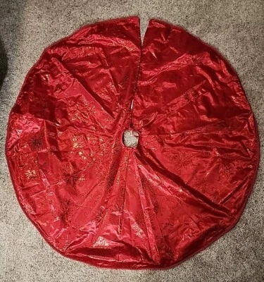 Holiday Time Christmas Tree Skirt 47" Red Satin Poinsettia Flowers Roped Edging - Image 1 of 4