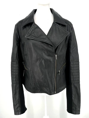 Chaqueta de motociclista halógena para mujer L negra 100 % cuero genuino corta suave mantecosa Foto 1 de 4