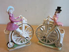 Pair Vintage Napco N4743/S Man & woman high wheel bicycle ceramic planters