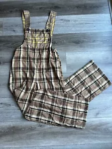 Plaid Bib Overalls Wide Leg Brown Green Yellow Collusion Size 6 - Picture 1 of 18