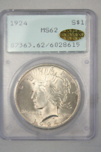 1924 Silver Peace Dollar  PCGS MS 62 Gold CAC Old Rattler Holder #8615