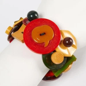 Bakelit Vintage rot grün Rootbeer Upcycling Knopf Charm Gummiband Armband 2"di - Bild 1 von 4