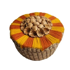 Vintage Yarn Covered Straw rattan Woven Storage Basket Orange Harvest Colors - Picture 1 of 10
