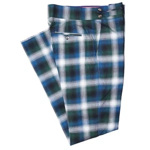 Mens Gurkha Pants Plaid Green Blue White Wool Slim Fit High Waist Flat Front 34 - Picture 1 of 7