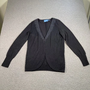 Simply Vera Wang Size PM Cardigan Sweater Black Hook Closure Shimmer Collar Knit - Picture 1 of 16
