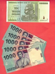 10 Trillion Zimbabwe Dollars 2008 + 5 x 1000 Indonesia Rupiah 2013 Banknotes Set - Picture 1 of 1