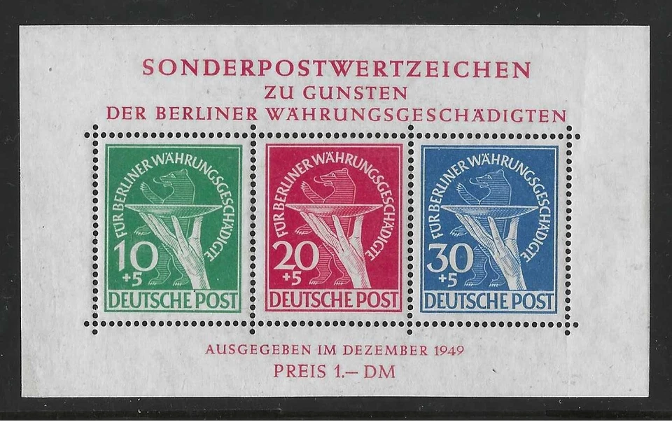 GERMANY 1949 SC. # 9NB1 - 9NB3 SOUVENIR SHEET OF 3 NEVER HINGED SUPERB - Image 1 of 2