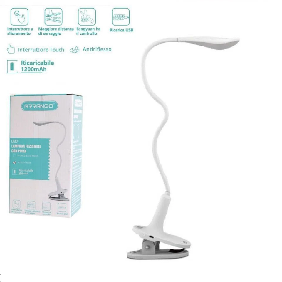 Lampada Luce Led da Tavolo Scrivania Ricaricabile Touch Flessibile Con Morsetto - Immagine 1 di 1