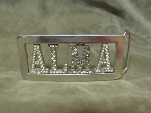 Special Made Belt Buckle with ALMA name Chrome Plate White Rhinestones - Picture 1 of 2