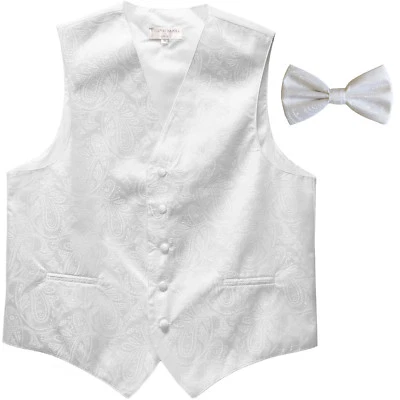 New Polyester Men's Tuxedo Vest Waistcoat & Bow tie Paisley Pattern White formal - Image 1 of 4