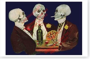 1906 Cartel de cartas de juego Too Much esqueletos de fiesta beber fumar - Imagen 1 de 1
